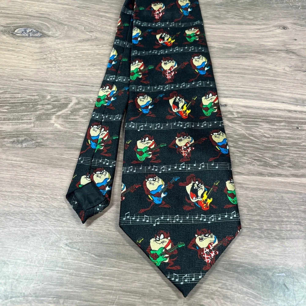 VTG 2001 Looney Tunes Necktie Mens Black Taz Tasmanian Devil Rock Guitar Music